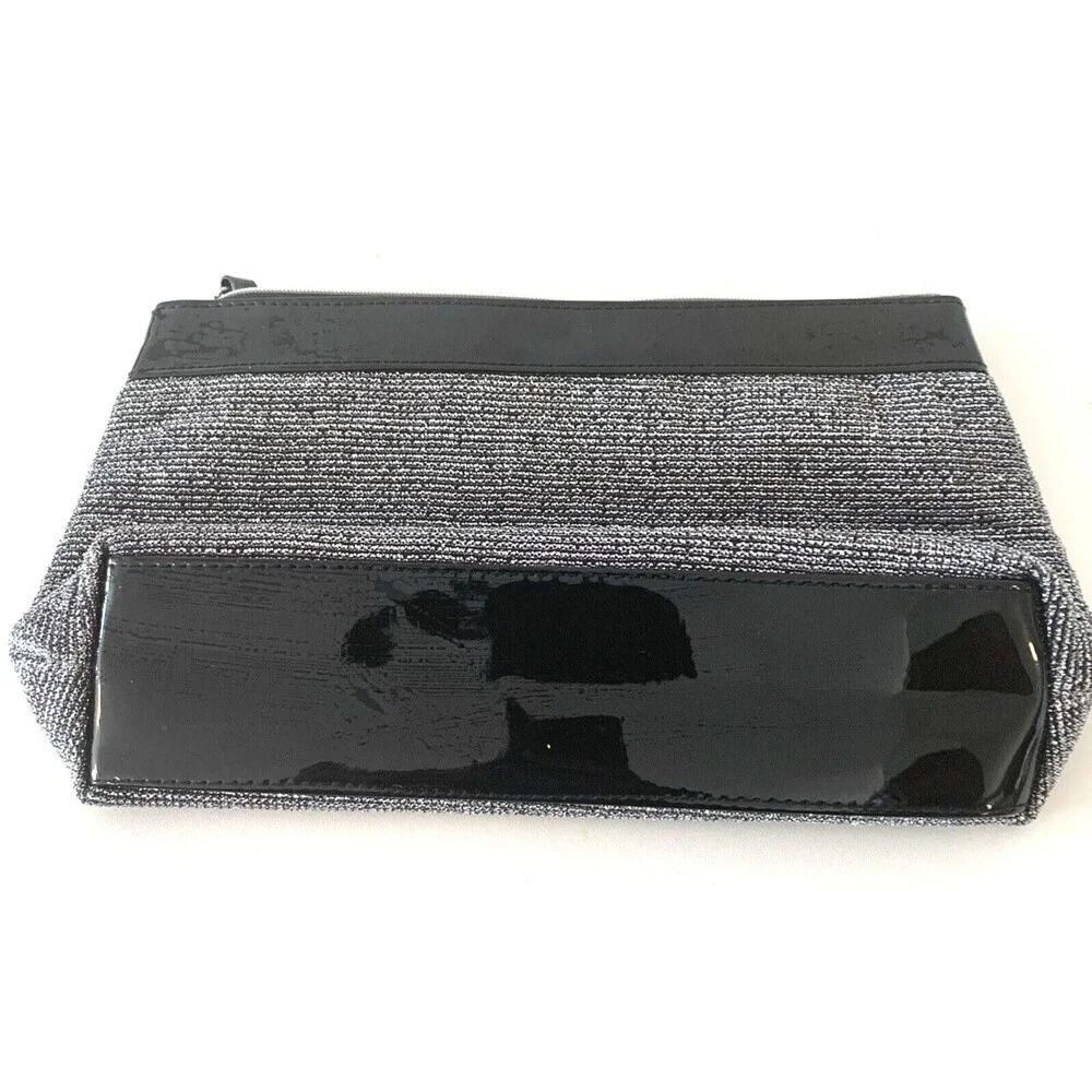 Cosmetic Bag Exclusive for Lancome Silver Metallic Blk Patent Leather Trim 10x6